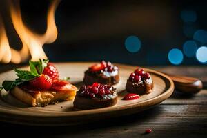 a plate with strawberries and a pastry on a wooden table. AI-Generated photo