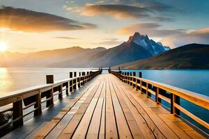 a wooden bridge over a body of water at sunset. AI-Generated photo