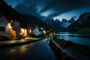 photo wallpaper the sky, mountains, lake, house, the night, the mountains, the lake. AI-Generated