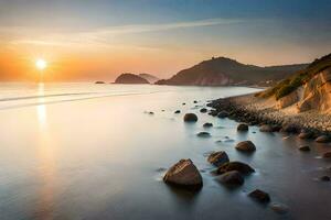 the sun rises over the ocean and rocks in the water. AI-Generated photo