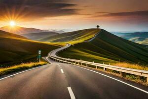 el la carretera a el puesta de sol. generado por ai foto