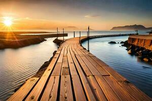 a wooden pier stretches out into the ocean at sunset. AI-Generated photo