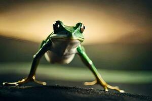 a frog is standing on its hind legs. AI-Generated photo