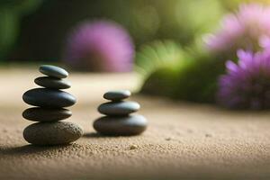 two stones are stacked on top of each other in the sand. AI-Generated photo