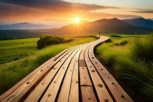 a wooden path leads to the sunset in the mountains. AI-Generated photo