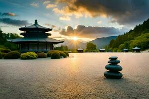 a zen garden at sunset. AI-Generated photo