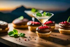 a dessert with a martini glass and cupcakes. AI-Generated photo