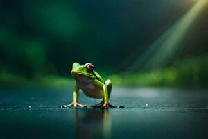 a frog is standing on the ground in front of a green background. AI-Generated photo