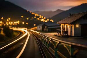 a train tracks with lights on the side of the road. AI-Generated photo