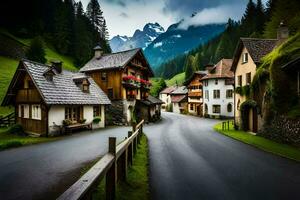 photo wallpaper the sky, mountains, road, houses, trees, mountains, the alps,. AI-Generated