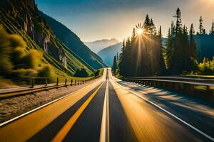 a car driving down a highway with the sun shining. AI-Generated photo