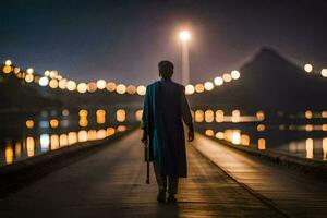 un hombre en un azul túnica camina abajo un camino a noche. generado por ai foto