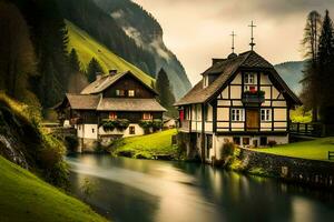 photo wallpaper water, mountains, house, river, house, river, house, river, house. AI-Generated