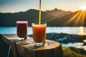 dos lentes de jugo con un Paja en un de madera mesa. generado por ai foto