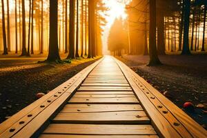 a wooden path leads to the sun in the forest. AI-Generated photo