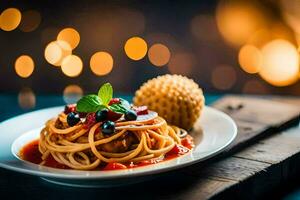 spaghetti with tomato sauce and cheese on a plate. AI-Generated photo