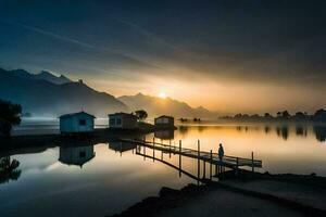 a man stands on a dock at sunrise in front of a lake. AI-Generated photo