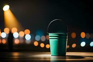 a green bucket sitting on a table in front of a blurry background. AI-Generated photo