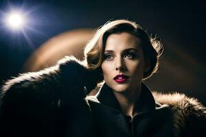 a woman with a fur coat and red lipstick. AI-Generated photo