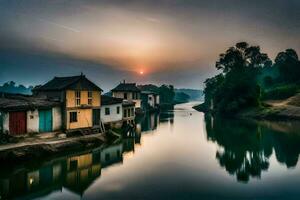 a river in the middle of a village at sunset. AI-Generated photo