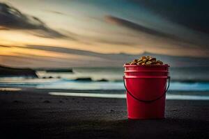 a red bucket on the beach with a sunset in the background. AI-Generated photo