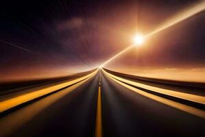 a long exposure photograph of a highway with a bright light. AI-Generated photo