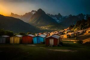 the sun sets over the mountains and the huts in the foreground. AI-Generated photo