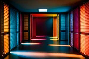 a hallway with colorful lights and doors. AI-Generated photo