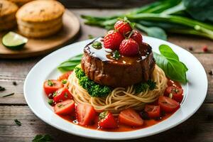a plate with meat, spaghetti and strawberries on it. AI-Generated photo
