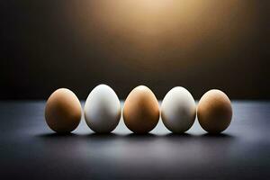 five eggs are lined up in a row. AI-Generated photo