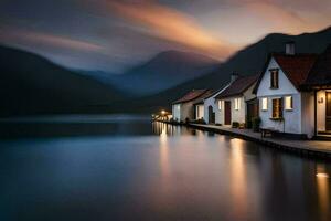 a long exposure photograph of houses on the water at night. AI-Generated photo