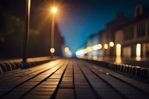 un largo pasarela con luces en el calle a noche. generado por ai foto