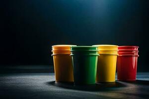 four colorful plastic cups on a dark surface. AI-Generated photo