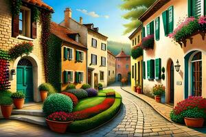 an illustration of a street in a town with flowers and plants. AI-Generated photo