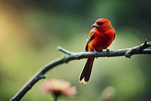 a red bird sits on a branch with a flower. AI-Generated photo