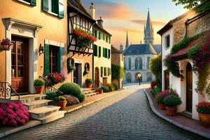 a street in a village with flowers and potted plants. AI-Generated photo