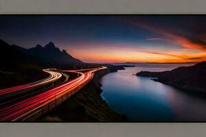 un grande televisión con un imagen de un la carretera a puesta de sol. generado por ai foto