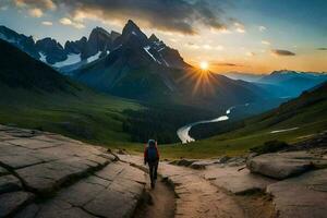 the sun rises over the mountains in the background. AI-Generated photo