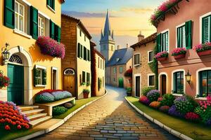 a painting of a street with flowers and flowers. AI-Generated photo