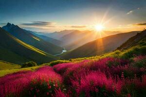 the sun rises over the mountains and flowers in the valley. AI-Generated photo