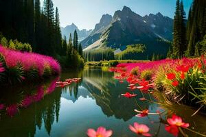 the flowers are in the water and the mountains are reflected in the water. AI-Generated photo