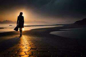 un mujer caminando en el playa a puesta de sol. generado por ai foto