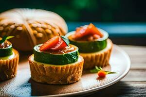 mini cupcakes with tomato and cucumber on a plate. AI-Generated photo