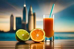 a glass of orange juice with a straw and a slice of orange. AI-Generated photo