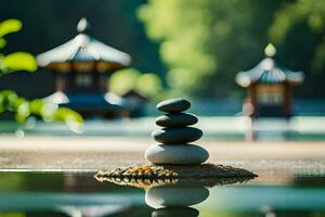 a stack of stones sitting on top of a pond. AI-Generated photo