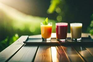 three different juices on a tray. AI-Generated photo