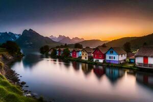 colorful houses on the shore of a lake at sunset. AI-Generated photo