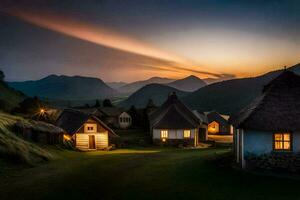 photo wallpaper the sky, mountains, the village, the house, the sunset, the village,. AI-Generated