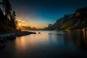 the sun sets over a lake and mountains. AI-Generated photo
