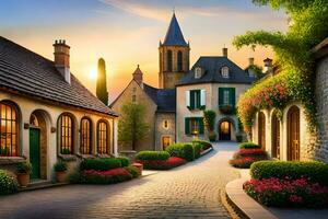 a street in france with a house and flowers. AI-Generated photo